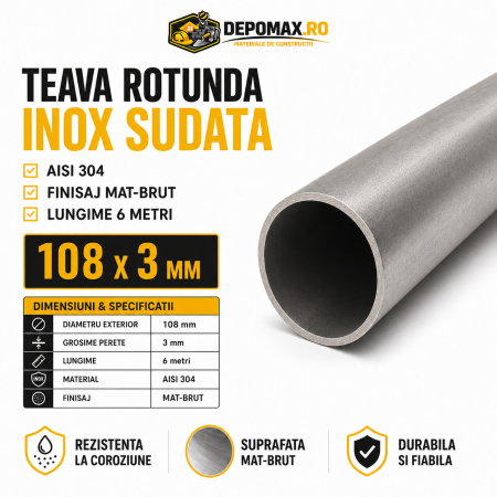 Teava rotunda inox sudata AISI 304, 108 x 3 mm, 6 metri
